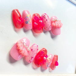ピンク 3dフリル ハート お花 可愛いネイル 4枚目の画像