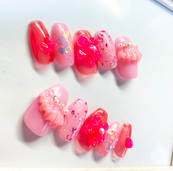 ピンク 3dフリル ハート お花 可愛いネイル 4枚目の画像