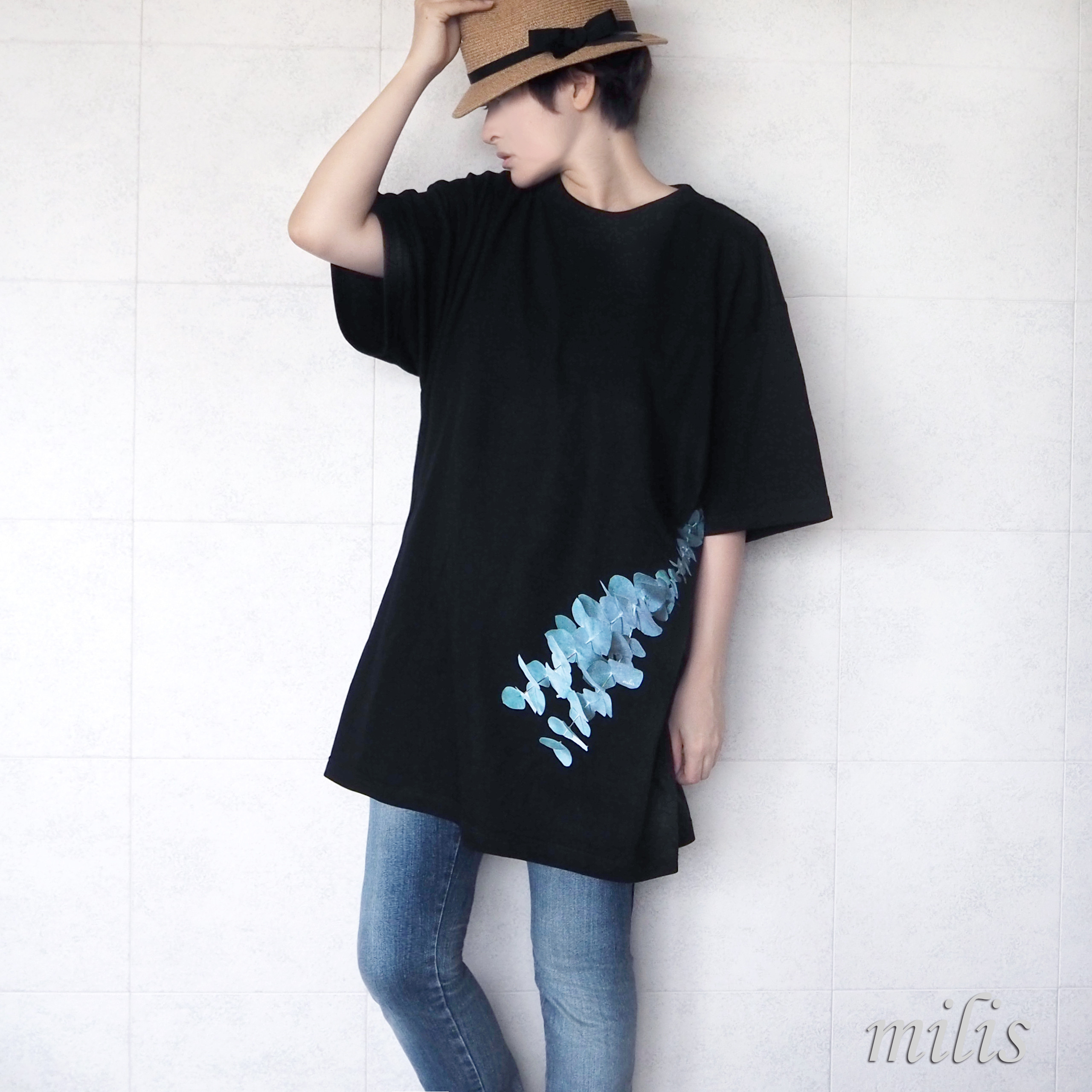 ユーカリのビッグシルエットＴシャツ：ブラック:XXL