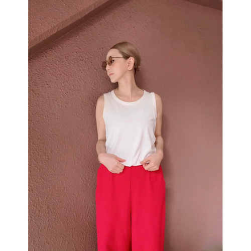 リネンパンツ♡ 赤 カラーパンツ ガウチョパンツ フレア 上品 ブーツに◎ M サイズ選べる❣️涼しい冷感cool❤️腰回りすっきり赤パンツ❤️紫外線