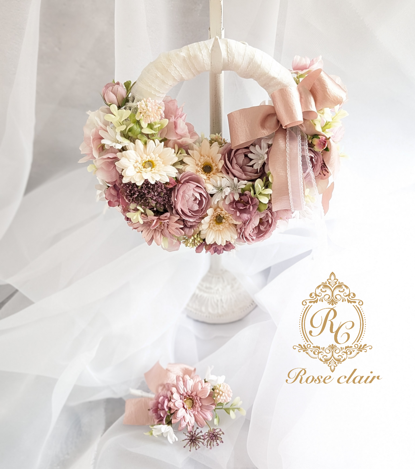 モーヴカラー大人可愛いウエディングリース型ブーケ&ブートニア 14,800円