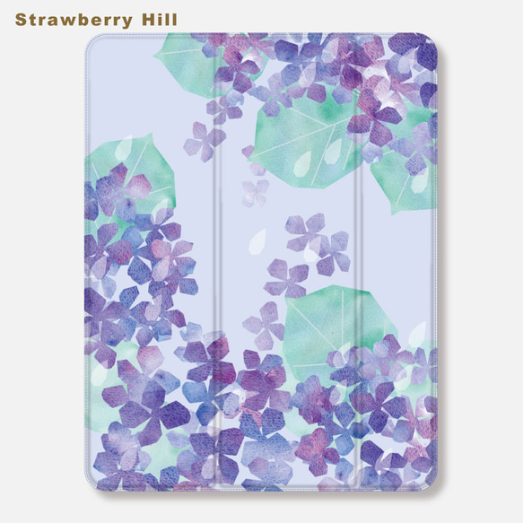 穏やか な 心  雨 と 紫陽花 の イラスト 水彩   iPadケース ペン収納 軽量 2枚目の画像