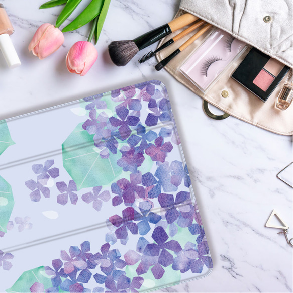穏やか な 心  雨 と 紫陽花 の イラスト 水彩   iPadケース ペン収納 軽量 4枚目の画像