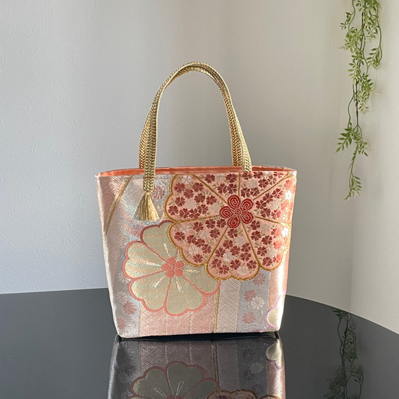 帯リメイク 帯リメイクバッグ 佐賀錦 滝に花文様 Mサイズ 和装バッグ トート