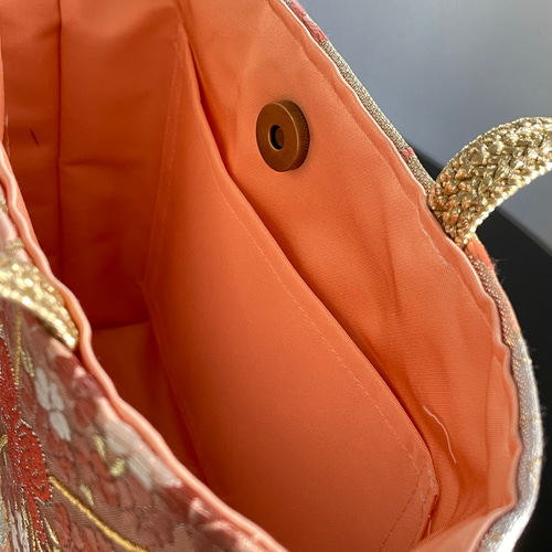 帯リメイクバッグ 佐賀錦 滝に花文様 Mサイズ 和装バッグ トートバッグ