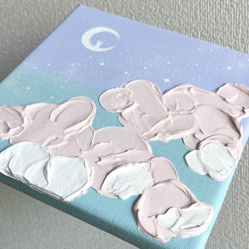 ★ のん★パステルレンガ★絵本から飛び出したうさぎさん★ハートのストーン★ お月様のうさぎ」原画 パステルカラー 空 テクスチャーアート