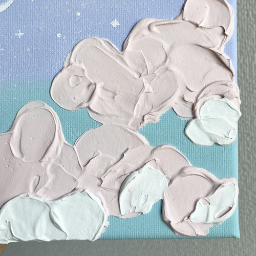 お月様のうさぎ」原画 パステルカラー 空 テクスチャーアート 絵画