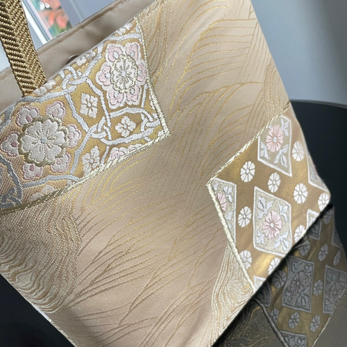 帯リメイクバッグ 本金箔24金 色紙に華文様 Mサイズ 和装バッグ
