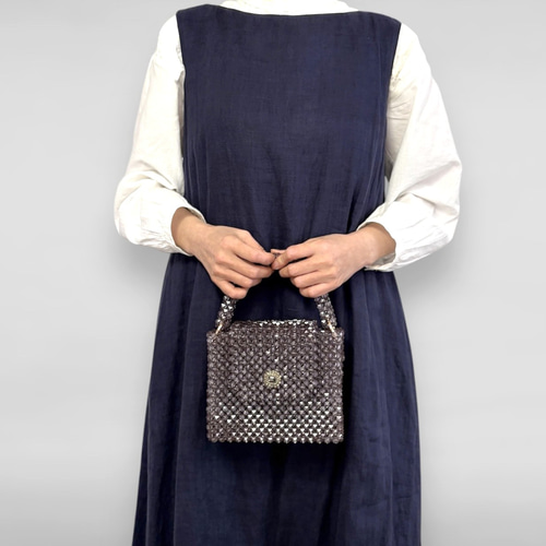 再販】大人のキューブビーズハンドバッグ ライトグレー ☆ビーズバッグ