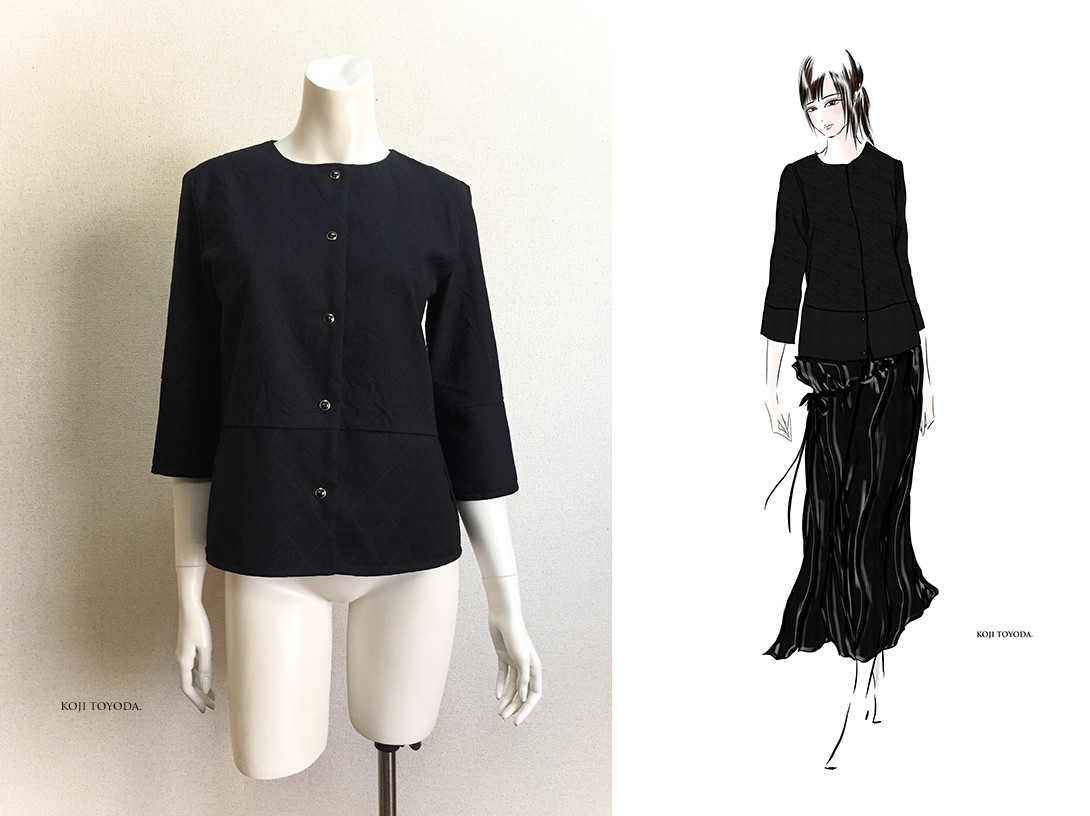 【1点もの・デザイン画付き】2種素材（ウール/シルク、ジャガードアーガイル）ノーカラーブラウス（KOJI TOYODA）