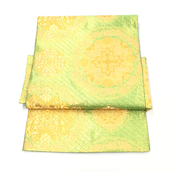美品　正絹　袋帯 　グリーンゴールド　華紋　二部式　二重太鼓　作り帯 5枚目の画像