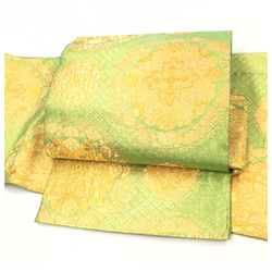 美品　正絹　袋帯 　グリーンゴールド　華紋　二部式　二重太鼓　作り帯 2枚目の画像