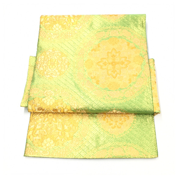 美品　正絹　袋帯 　グリーンゴールド　華紋　二部式　二重太鼓　作り帯 7枚目の画像