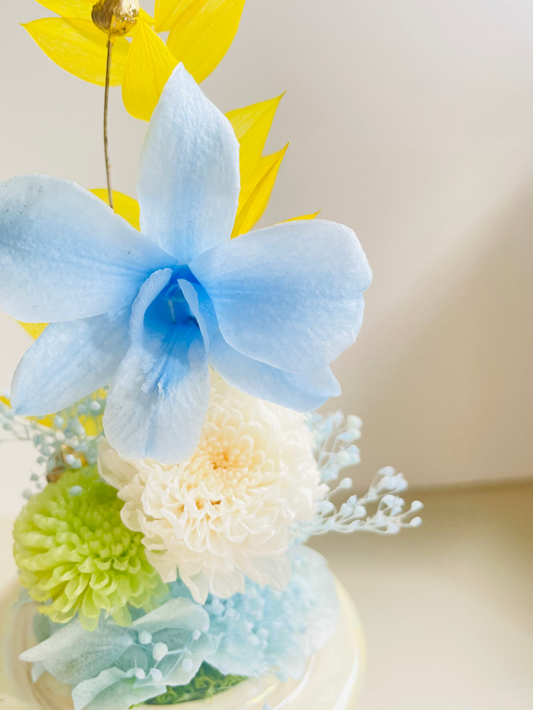 水色が好きな人へ　プリザーブドフラワー　ブルーのお花ガラスドーム仏花　お供え　お悔やみ　悲しみに寄り添うお花 11枚目の画像