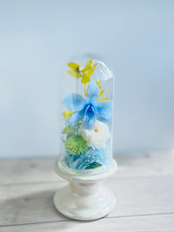 水色が好きな人へ　プリザーブドフラワー　ブルーのお花ガラスドーム仏花　お供え　お悔やみ　悲しみに寄り添うお花 18枚目の画像