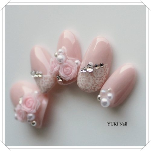 【オーダー】ネイルチップ　フレンチ　レース　薔薇 薔薇とレースのウェディングネイル ネイルチップ（つけ爪） yuki-nail