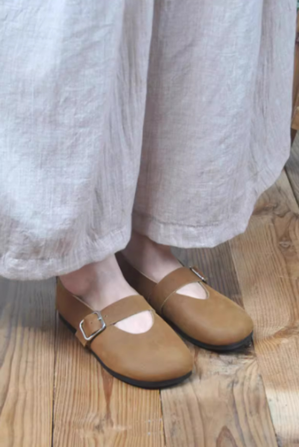 手作りの靴 牛革 バレエシューズ カジュアルフラットシューズ　本革 レディース靴 履きやすい メアリージェーンの靴 3枚目の画像