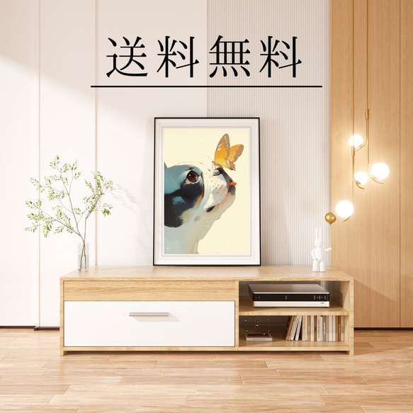 【蝶犬戯舞 - ボストンテリア犬の子犬 No.1】春・蝶・子犬・アートポスター・犬の絵・犬の絵画・犬のイラスト 4枚目の画像