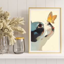 【蝶犬戯舞 - ボストンテリア犬の子犬 No.1】春・蝶・子犬・アートポスター・犬の絵・犬の絵画・犬のイラスト 8枚目の画像