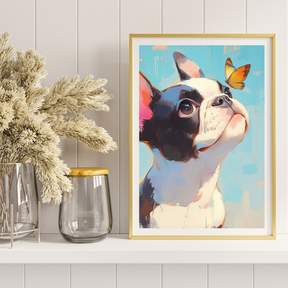 【蝶犬戯舞 - ボストンテリア犬の子犬 No.2】春・蝶・子犬・アートポスター・犬の絵・犬の絵画・犬のイラスト 8枚目の画像