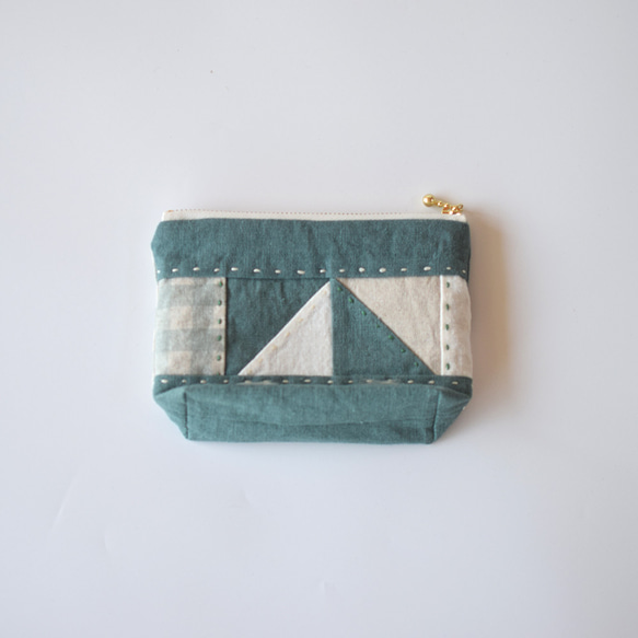 薄荷色 [Kogin sashimi x patchwork] 亞麻角撐袋：非常適合收納配件盒 第8張的照片