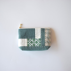 薄荷色 [Kogin sashimi x patchwork] 亞麻角撐袋：非常適合收納配件盒 第9張的照片