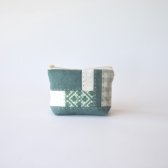 薄荷色 [Kogin sashimi x patchwork] 亞麻角撐袋：非常適合收納配件盒 第1張的照片