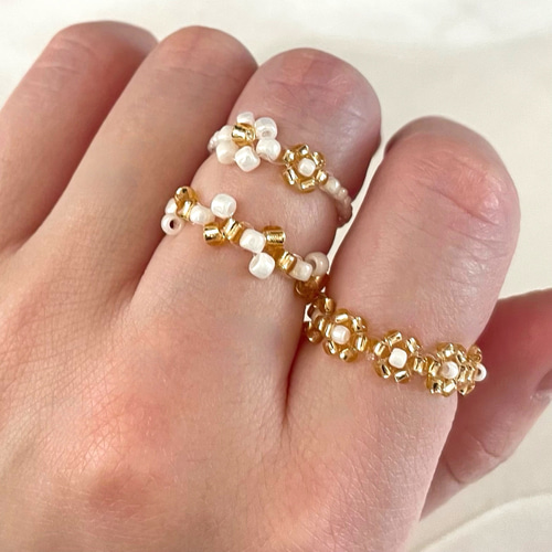 No.17【ビーズリング3点セット】ミルクハニー 《韓国 可愛い ビーズ