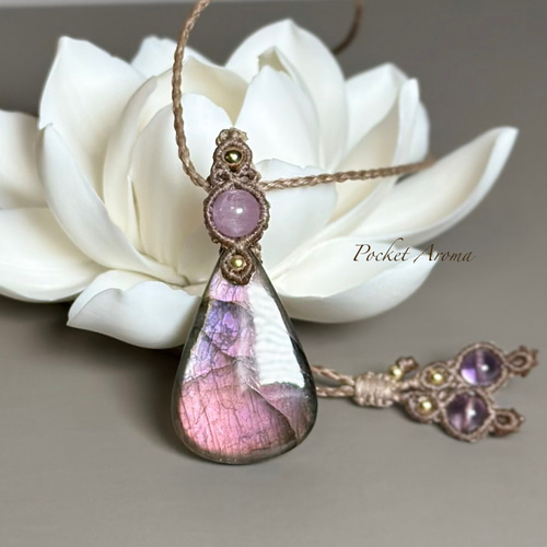 えじもっこ アイオライト　クンツァイト　マクラメ　ネックレス マクラメ編み § クンツァイト § ピンクトルマリン § レインボームーン