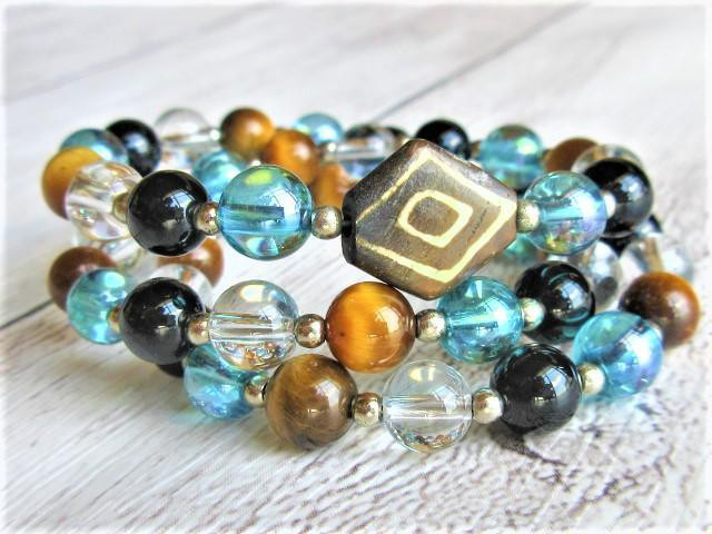 【C65】　ネックレス　アンティーク　ボーンビーズ　アクアオーラ　本水晶　オニキス　トラメ石　天然石　天然石ビーズ