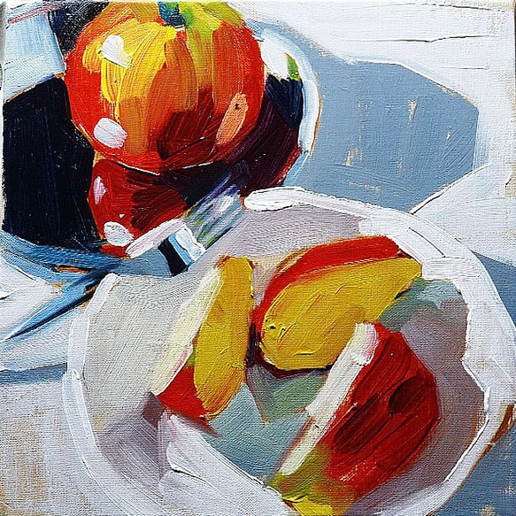 カットりんご」油彩 額無し 油絵 原画 キャンバス ましかく 24cm