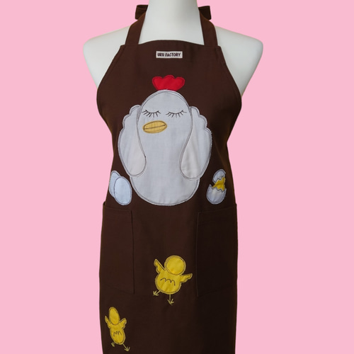 にわとりとヒヨコのアップリケエプロン｜大人用・綿100％｜やさしい
