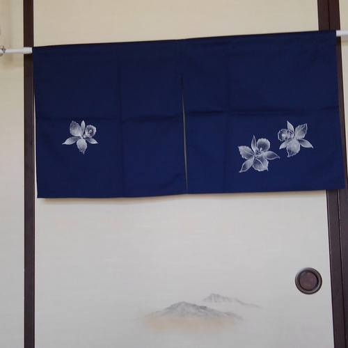 のれん 手描き友禅染め カトレア模様 紺色 その他インテリア雑貨