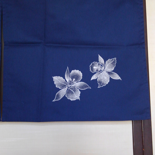 のれん 手描き友禅染め カトレア模様 紺色 その他インテリア雑貨