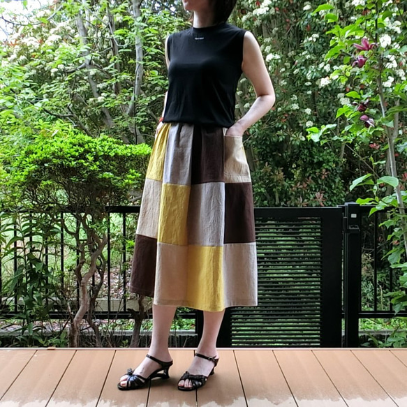 【綿麻】パッチワーク風スカート（黄系）L-73　ML　ｳｴｽﾄｺﾞﾑ　ﾎﾟｹ付 4枚目の画像