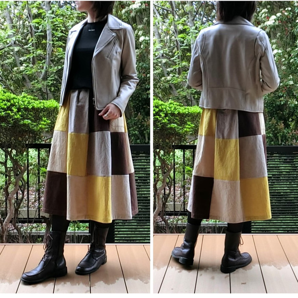 【綿麻】パッチワーク風スカート（黄系）L-73　ML　ｳｴｽﾄｺﾞﾑ　ﾎﾟｹ付 12枚目の画像