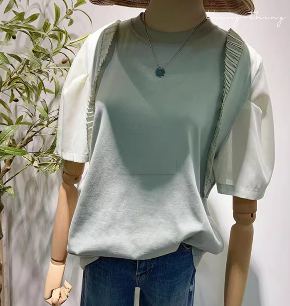 100％コットン 大人可愛いtシャツ　綿ブラウス グリーン　トーブス 1枚目の画像