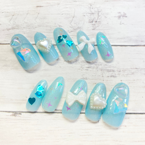 【No.013】ネイルチップ♡チェック柄♡ハート♡リボン♡ブルー系 ネイルチップ 量産型 チェック柄 黒 リボン ハート ワンホン