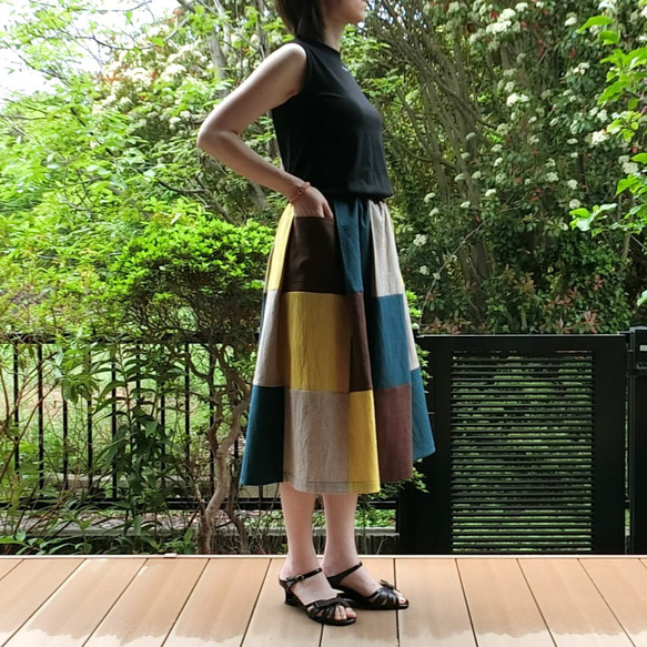 【綿麻】パッチワーク風スカート（青系）L-73　ML　ｳｴｽﾄｺﾞﾑ　ﾎﾟｹ付 11枚目の画像