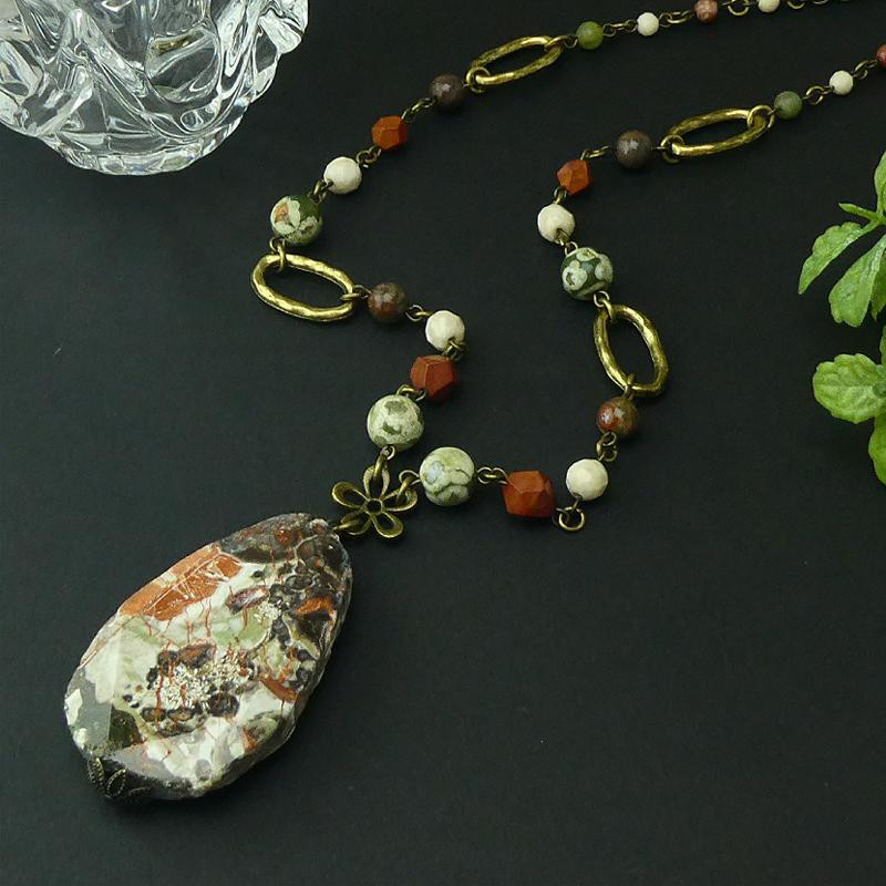 天然石ペンダントネックレス「オーシャンジャスパー」　天然石　アンティーク仕立て　海の石　レア石　ロング　一点物