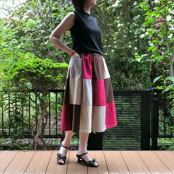 【綿麻】パッチワーク風スカート（赤系）L-73　ML　ｳｴｽﾄｺﾞﾑ　ﾎﾟｹ付 10枚目の画像