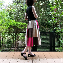 【綿麻】パッチワーク風スカート（赤系）L-73　ML　ｳｴｽﾄｺﾞﾑ　ﾎﾟｹ付 11枚目の画像