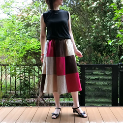 【綿麻】パッチワーク風スカート（赤系）L-73　ML　ｳｴｽﾄｺﾞﾑ　ﾎﾟｹ付 4枚目の画像