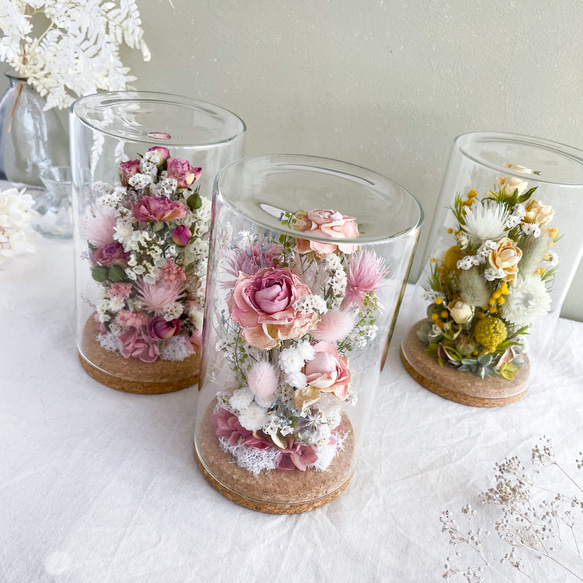 お花を閉じ込めたガラスドーム（ミモザ) ボトルフラワー　結婚祝い　引越し祝い　ギフト　結婚祝い　母の日 9枚目の画像