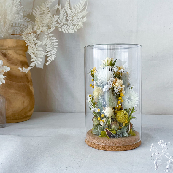 お花を閉じ込めたガラスドーム（ミモザ) ボトルフラワー　結婚祝い　引越し祝い　ギフト　結婚祝い　母の日 5枚目の画像