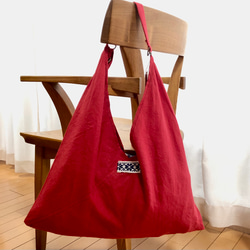 リトアニアリネン製ショルダーバッグ - 可愛い赤のあづま袋 3枚目の画像