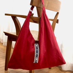 リトアニアリネン製ショルダーバッグ - 可愛い赤のあづま袋 1枚目の画像