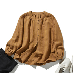 略帶條紋圖案的亞麻襯衫，色織布料，針褶，100% 亞麻，黃棕色 240413-1 第1張的照片