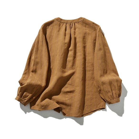 略帶條紋圖案的亞麻襯衫，色織布料，針褶，100% 亞麻，黃棕色 240413-1 第7張的照片