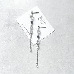 天然石＋long chain pierce (水晶×ヘマタイト) ステンレスピアス ノンホールピアス変更可 1枚目の画像